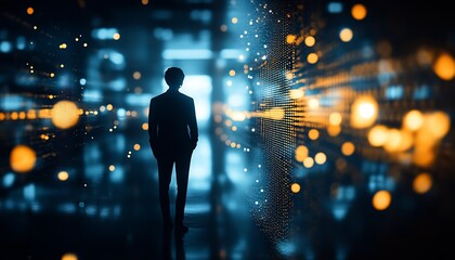 Fototapete - Dynamic silhouette of a professional in a digital corridor filled with vibrant lights and data projections : Generative AI
