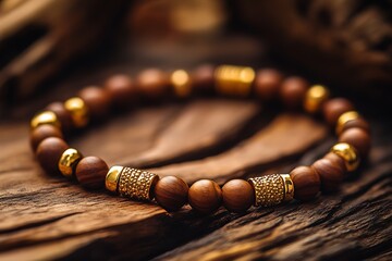 Poster - Beautifully Crafted Wooden Bead Bracelet with Intriguing Gold Details on Rustic Surface : Generative AI