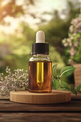 Aufkleber - Artisan amber oil dropper bottle showcased on a wooden surface with surrounding flowers and greenery for a serene setting : Generative AI