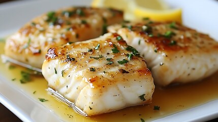 Aufkleber - Three pieces of grilled fish fillet garnished with herbs served alongside lemon wedges : Generative AI