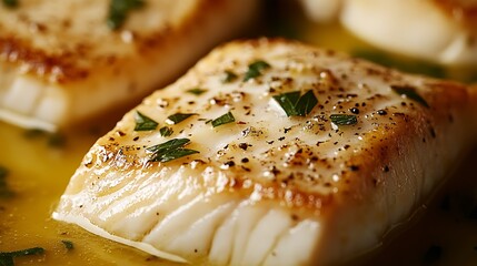 Aufkleber - Detailed Image of Tender Fish Fillet Cooked Perfectly and Garnished with Fresh Greens : Generative AI
