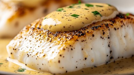 Aufkleber - Deliciously Seared White Fish Fillet Topped with Rich Sauce and Fresh Herbs Perfect for Gourmet Meal : Generative AI