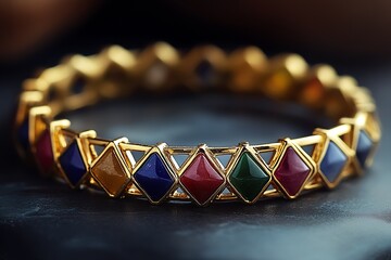 Poster - Close-up shot of a luxurious golden bracelet adorned with various colorful gemstones beautifully arranged : Generative AI