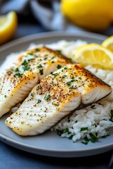 Aufkleber - Tasty grilled fish served with lemon and fluffy rice displayed beautifully on a grey plate for a wholesome meal : Generative AI