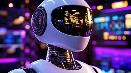 Poster - Sophisticated humanoid robot with an intricate display panel in a colorful tech setting : Generative AI
