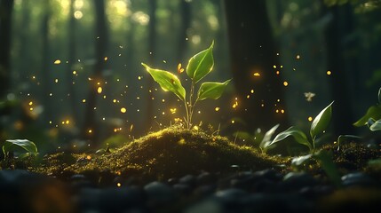 Aufkleber - Glowing sprout amidst the forest illuminated by sunlight and particles creating an enchanting atmosphere : Generative AI