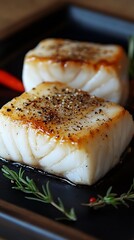 Aufkleber - Delicious Grilled Fish Fillet Seasoned with Black Pepper and Fresh Herbs on a Dark Plate : Generative AI