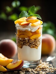 Aufkleber - Yogurt parfait with peach slices and granola served in a glass cup for a tasty snack : Generative AI