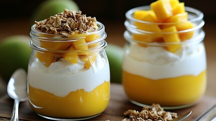 Aufkleber - Flavorful Mango Parfait with Soft Cream Yogurt and Crunchy Granola in a Cute Jar : Generative AI