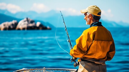 Wall Mural - Elderly Fisherman Casting a Line from a Fishing Boat with a Backdrop of Mountains and Calm Waters : Generative AI