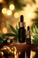Poster - Artistic Display of Unique Hemp Oil Bottles in Different Sizes on Wooden Surface Surrounded by Nature Elements : Generative AI