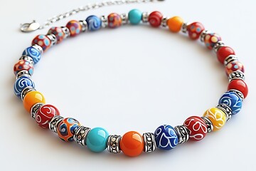 Poster - Beautiful Beaded Necklace with Vibrant Colors and Unique Patterns in Close-Up View : Generative AI