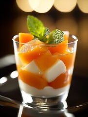 Aufkleber - Appetizing mango and yogurt dessert layered in a sleek glass with mint leaves for added freshness : Generative AI