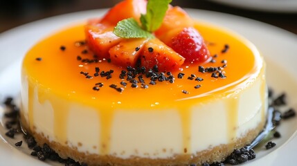 Poster - Irresistible Cheesecake with Orange Glaze and Fresh Strawberries on Top Complimented by a Cookie Crust : Generative AI