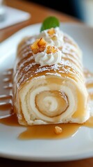 Poster - Delicious dessert roll drizzled with caramel and topped with cream and crunchy bits of sweet toppings : Generative AI