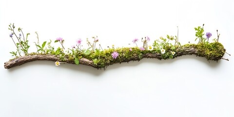 Aufkleber - Beautifully arranged branch with colorful wildflowers and lush moss creating a natural art piece : Generative AI