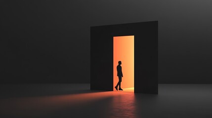 Poster - Individual Silhouette Walking Towards an Orange Lit Doorway in a Dark, Abstract Space Setting : Generative AI