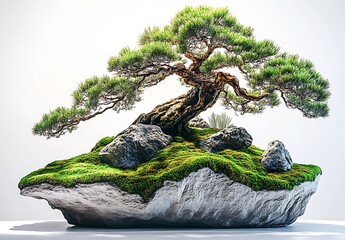 Aufkleber - Artistic bonsai tree located on a scenic rocky base surrounded by vibrant moss illustrating peace and harmony in nature : Generative AI