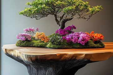 Aufkleber - Charming Bonsai Composition with Various Colorful Flowers on an Artistic Wooden Table : Generative AI