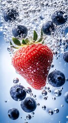 Poster - Vibrant Bubbles with Strawberries and Blueberries in Clear Water for a Refreshing Beverage Image : Generative AI