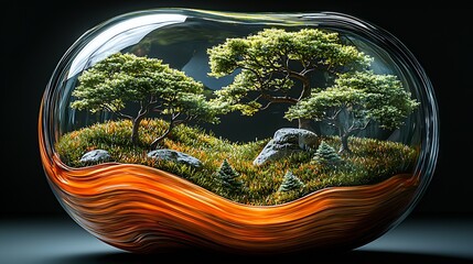Poster - An exquisite glass piece capturing the essence of nature with trees and rocky features in a vivid display : Generative AI