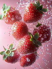 Poster - Beautiful Juicy Strawberries Surrounded by Sparkling Water Droplets on a Soft Pink Background : Generative AI