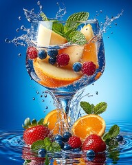 Poster - Colorful Fresh Fruit Splash with Mint Leaves in a Refreshing Beverage : Generative AI
