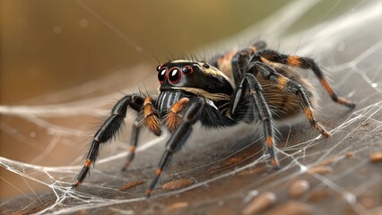 Wall Mural - intriguing arachnid: a macro shot of a vibrant jumping spider perched delicately on its web. showcas