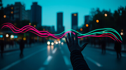 Aufkleber - Interactive light display urban street digital art evening cityscape hand gesture modern expression