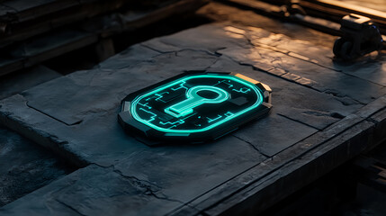 Poster - Unlocking digital security high-tech key symbol on rugged surface futuristic environment close-up view