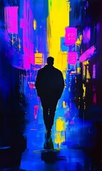 Fototapete - Vivid Neon Cityscape with Silhouette of a Figure Walking in a Colorful Alley : Generative AI
