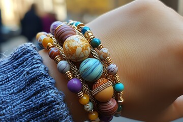 Poster - Intricate and colorful handmade bracelets with beads showcased elegantly on a wrist in natural light : Generative AI