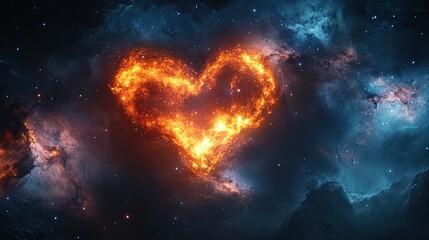 Wall Mural - Fiery Nebula Heart Shapes Representing Love Amongst Cosmos