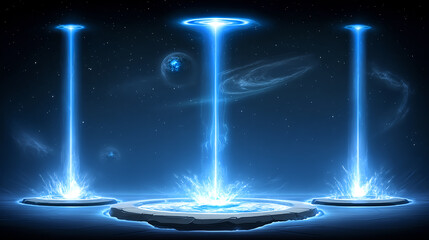 Aufkleber - Energy beams emanating from platforms in cosmic space digital art sci-fi environment panoramic view futuristic concept