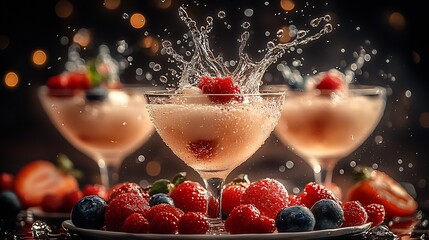 Poster - Vibrant fruit dessert creating splash in glasses with cream and fresh berries for fun events : Generative AI