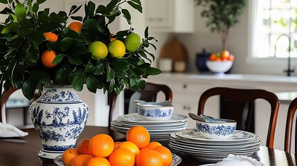 Poster - Vibrant Citrus Display in a Classic Floral Vase on a Stylish Dining Table : Generative AI
