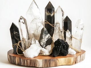 Aufkleber - Elegant display of various quartz crystals and dark stones on a wooden base showing stunning details : Generative AI