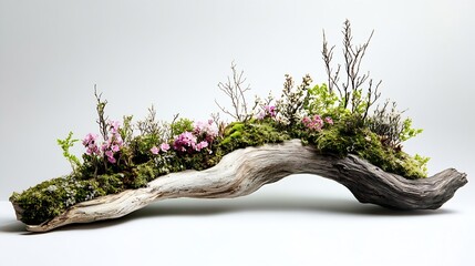 Aufkleber - Stunning Driftwood with Vibrant Pink Flowers and Greenery for Natural Decor : Generative AI