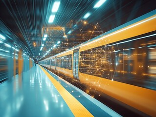 Fototapete - Dynamic scene of a high-tech train moving through a futuristic railway station with glowing effects : Generative AI