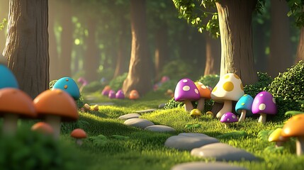 Poster - Vibrant Mushroom Landscape with Colorful Fungi Surrounded by Lush Greenery in a Serene Forest Setting : Generative AI