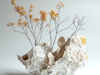 Poster - Elegant arrangement of dried flowers and textured earth elements in a stunning white container for modern decor : Generative AI