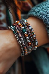Poster - Colorful handmade jewelry showcasing intricate beadwork and natural materials on a wrist : Generative AI
