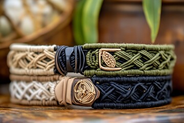 Poster - Stylish handmade macrame bracelets in earthy tones showcasing unique woven patterns and intricate details : Generative AI