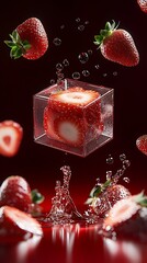 Poster - Captivating Display of Strawberries Encased in Clear Cube with Water Droplets Around : Generative AI