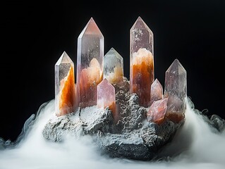 Poster - Stunning Natural Quartz Crystals with Unique Shapes and Rich Colors Set Against a Dark Background : Generative AI