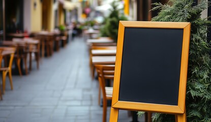 Aufkleber - Inviting restaurant avenue featuring wooden chalkboard for daily specials in a relaxed dining atmosphere : Generative AI