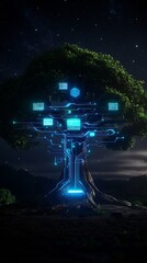 Poster - Illuminated Technological Tree Integrated with Modern Digital Circuitry at Night : Generative AI