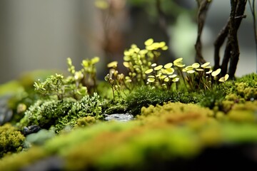 Aufkleber - Lively scene of thriving yellow mushrooms and lush green vegetation creating a captivating moss landscape in nature : Generative AI