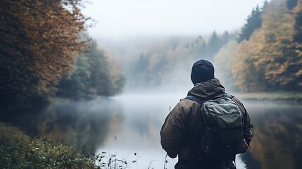 Aufkleber - Fisherman in Autumn Attire Enjoying a Quiet Moment by the Misty Riverbank : Generative AI