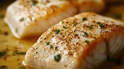 Aufkleber - Sautéed Fish Fillet with a Golden Brown Crust and Fresh Parsley Garnish Ready to Serve : Generative AI